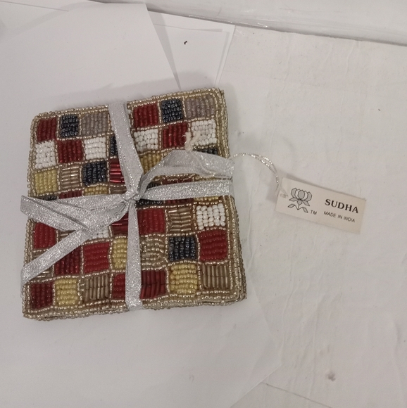 Sudha Set if 4 Handmade Beaded Coasters Checkered cloth back. New - Picture 1 of 5